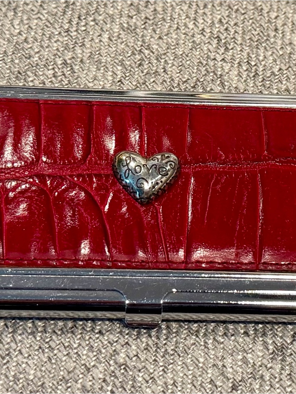 Brighton Red Croc-Embossed Clasp Business Card holder with Silver Heart